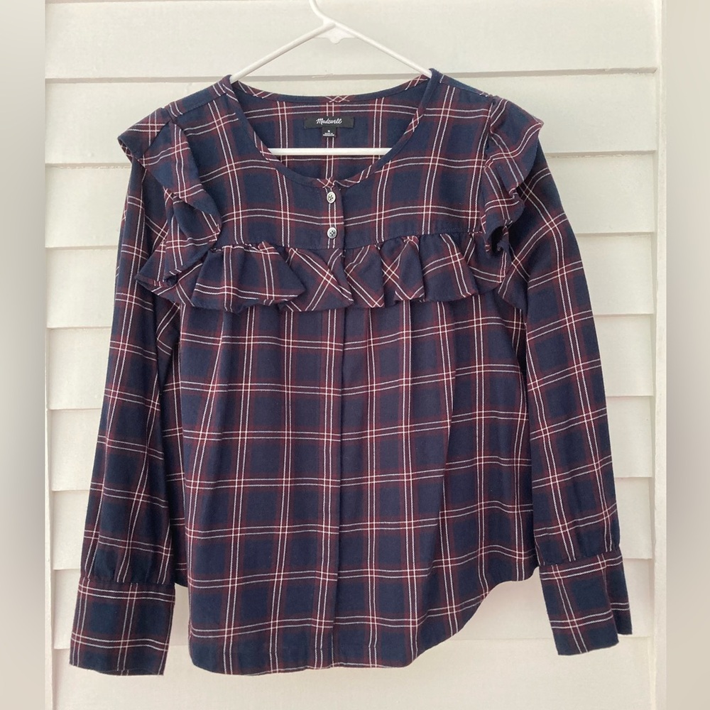 Madewell | Navy Plaid Ruffle Yoke Flannel Shirt Size Medium - Picture 4 of 7